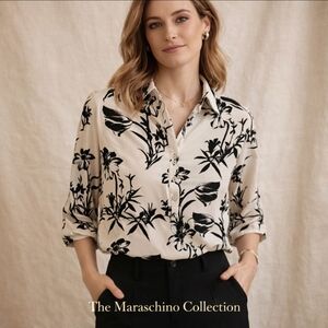 Charter Club Black & White Floral Blouse | Medium